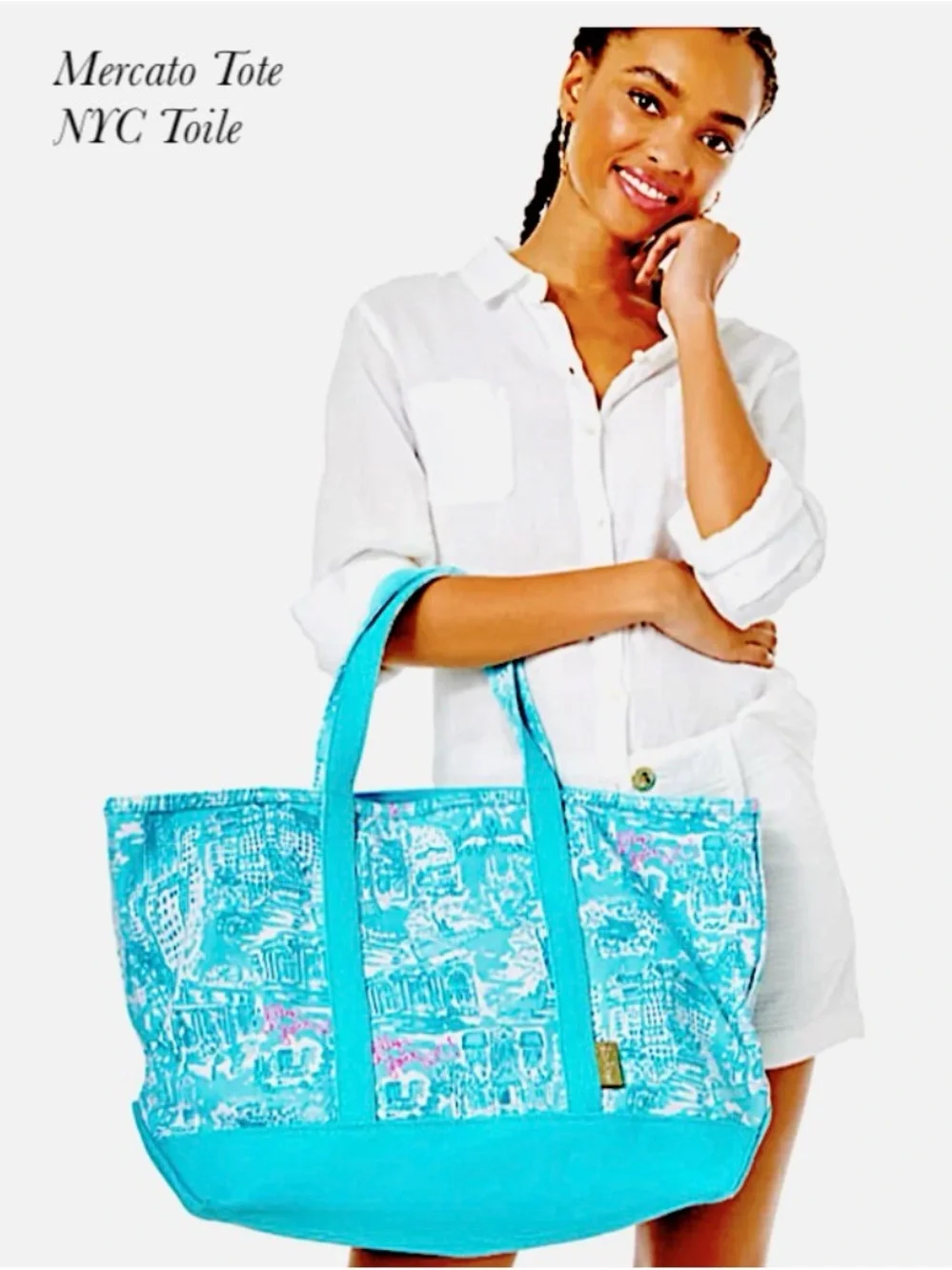 Lilly Pulitzer Aqua New York City-Print Canvas Tote